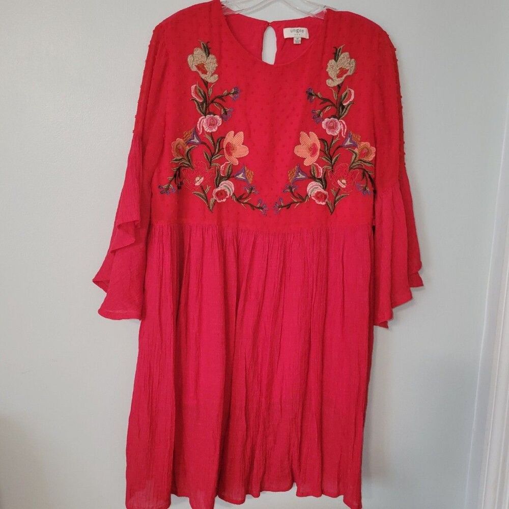 Umgee Embroidered Floral Bell Sleeve Babydoll Dress Red Size Medium Lightweight - Picture 2 of 8